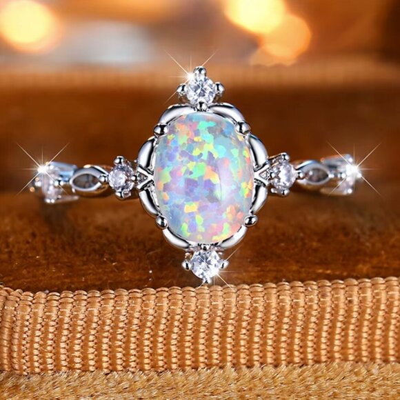 NEW 14k White Gold White Fire Opal Diamond Ring Band - Picture 1 of 6